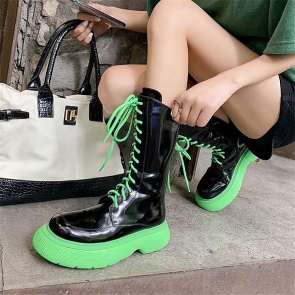 

boots pxelena punk goth genuine leather women lace up chunky platform combat military motorcycle riding shoes fall winter, Black
