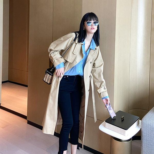 

women's trench coats 2021 autumn long-sleeved turn down collar double breasted patchwork loose mid long windbreaker overcoat with belt, Tan;black