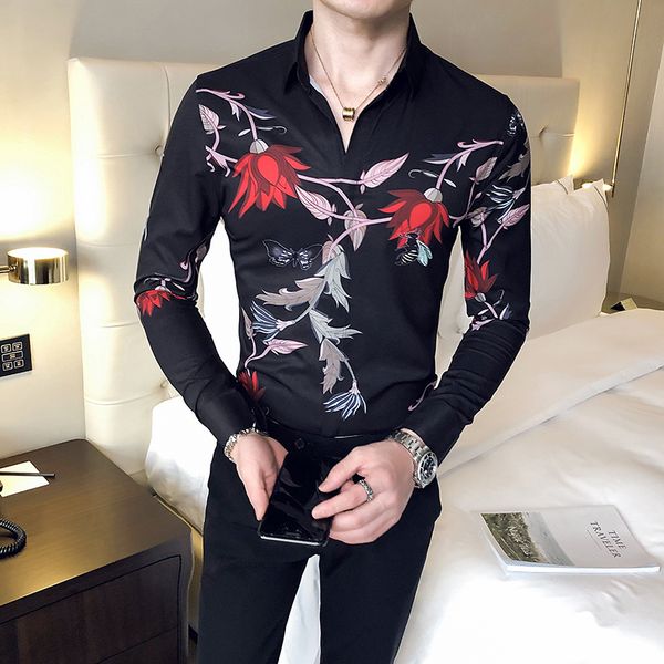 

Britnico New Estilo Primavera Novos Homens Casuais Camisas Florais Manga Longa Moda Magro Ajuste Noite Club Prom Streetwear Blusa 8KNO, Black;brown