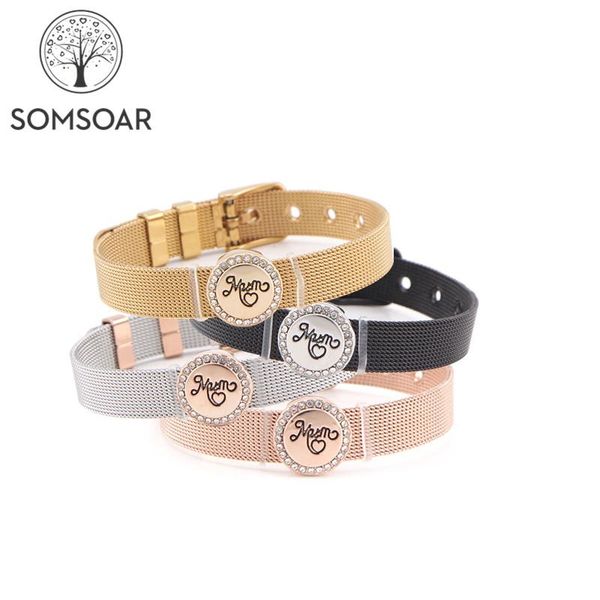 

tennis drop somsoar jewelry mum silde charm mesh bracelet set stainless steel bangle for mother's day gift, Golden;silver