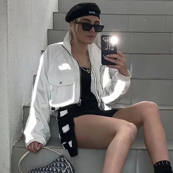 

autumn new reflective jacket woman casual sport streetwear long sleeve bomber jacket loose zipper outwear 201013, Black;brown