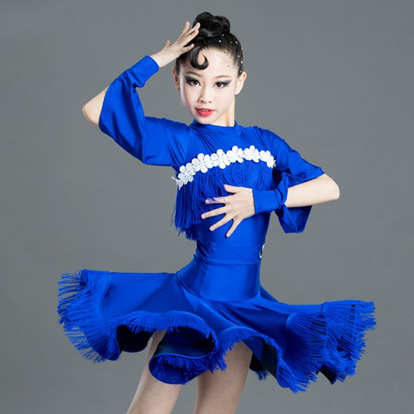 

latin dance dress girls costume royal blue fringe lace dress kids party club prom performance cha cha rumba tassel dress 1669, Black;red