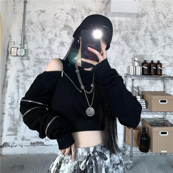 

women's hoodies & sweatshirts zipper shoulder coat korea ins original dark uniform design sense round collar short hoodie, Black