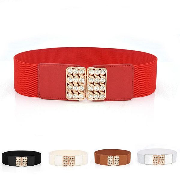 

belts women rhinestone buckle belt party decoration coat sweater girdle elastic waist solid color wide dress, Black;brown