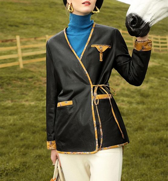 

women's leather & faux autumn designer genuine v-neck coat chic elegant jackets c113, Black