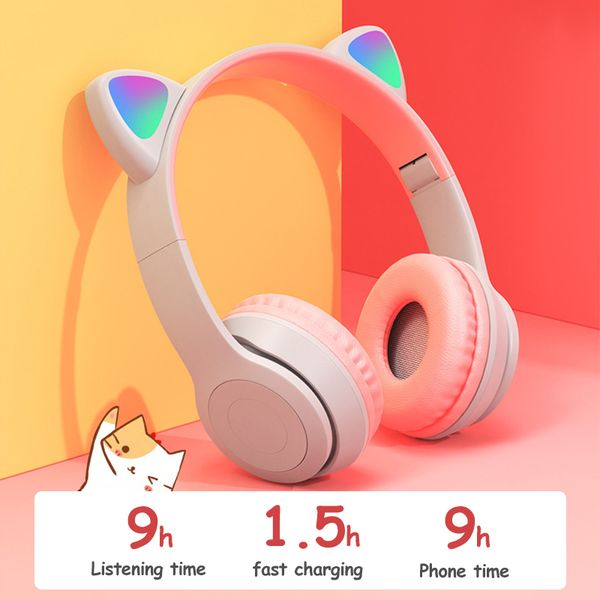 

wireless headphones cat ear with mic bluetooth glow light stereo bass helmets children gamer girl gifts pc phone gaming headset