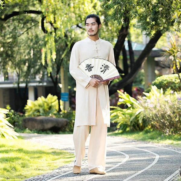

men kungfu tai chi yoga set linen loose chinese traditional jogger fitness outfit workout meditation casual set sportswear, White;red