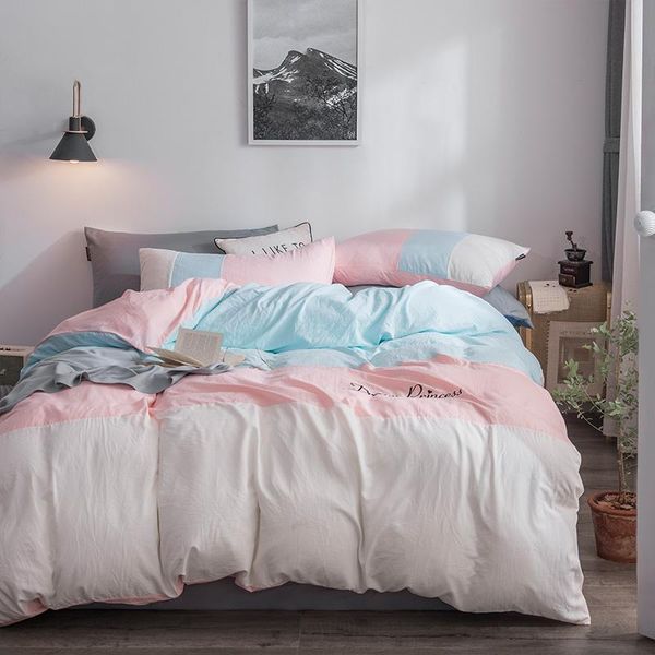 

white pink blue bedding sets  king duvet cover sets washing cotton soft simple bed sheet pillowcase princess bedclothes