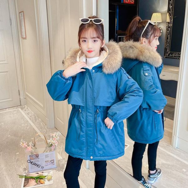 

down coat teenage girls warm winter plus velvet parkas outerwear teenager outfit kid girl thick hooded jacket 5 6 7 8 10 12 14 years, Blue;gray