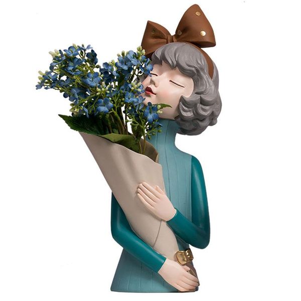 

vases nordic modern cute girl holding vase statue resin dried flower decoration pot home office bedroom dining table ornaments