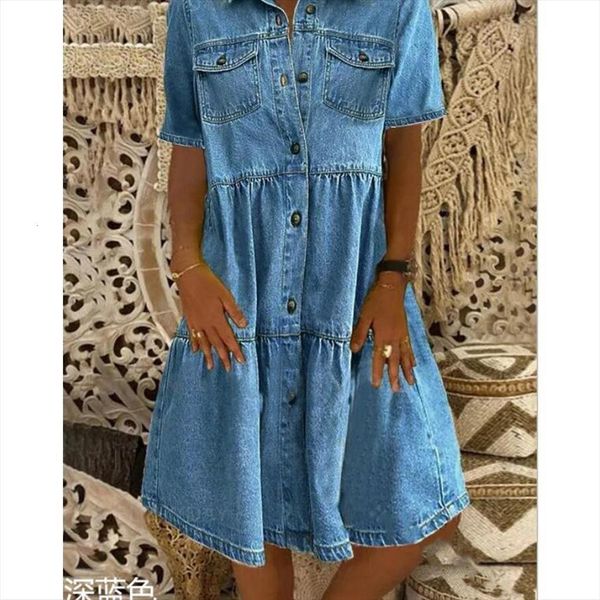 

summer denim thin women dress short sleeve solid turn down collar button pockets high waist knee length loose, Black;gray