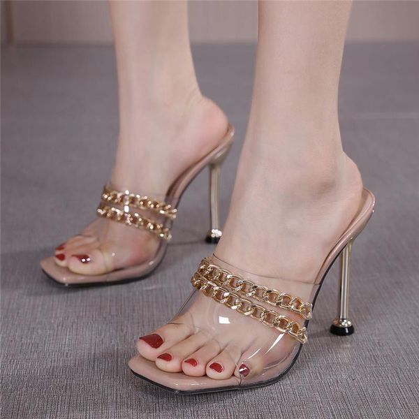 

sandals 2021 women shoes female metal chain stripper heels transparent slippers mules slides summer dancing party, Black