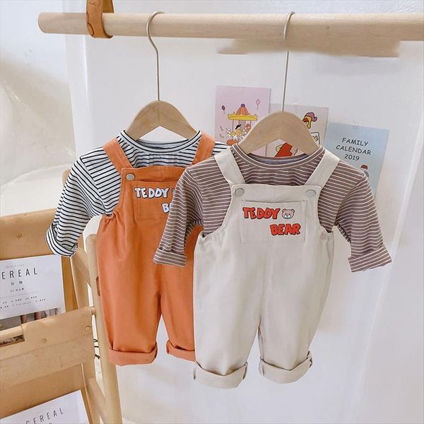 

autumn kids clothes korean solid cartoon bear cute loose overalls, Blue