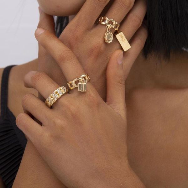 

cluster rings 4pcs gold padlock ring set for women rhinestone crystal band filled boho jewelry gifts anillo finger cuban link, Golden;silver