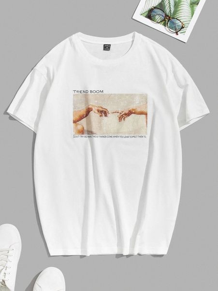 

men slogan & graphic print 9882#, White;black