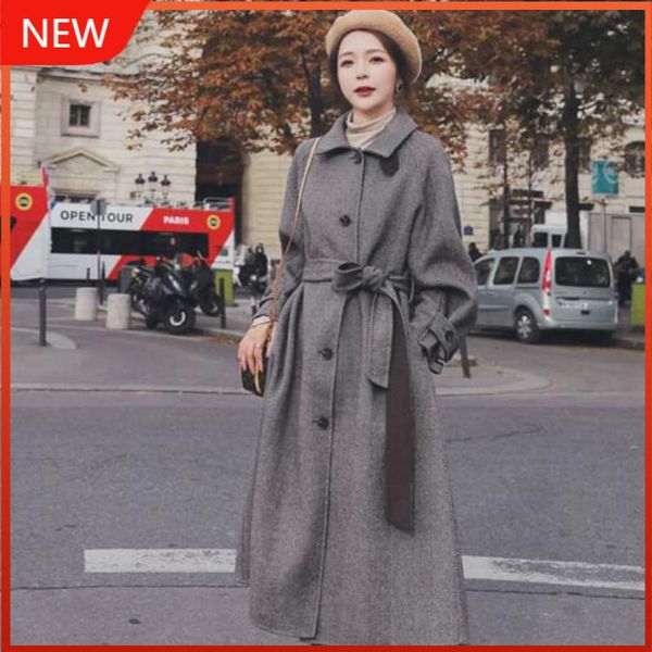 

women's wool & blends coat jacket sashes raglan sleeve herringbone loose overcoat women winter elegant thick single breasted a-line lon, Black