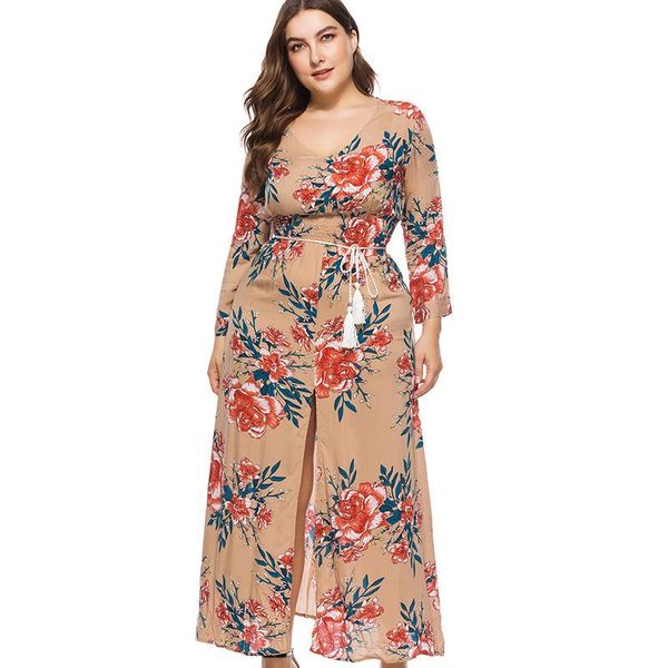 

casual dresses miaoke plus size long sleeve maxi boho dress women clothing 2021 fashion floral elegant word 4xl 5xl 6xl, Black;gray