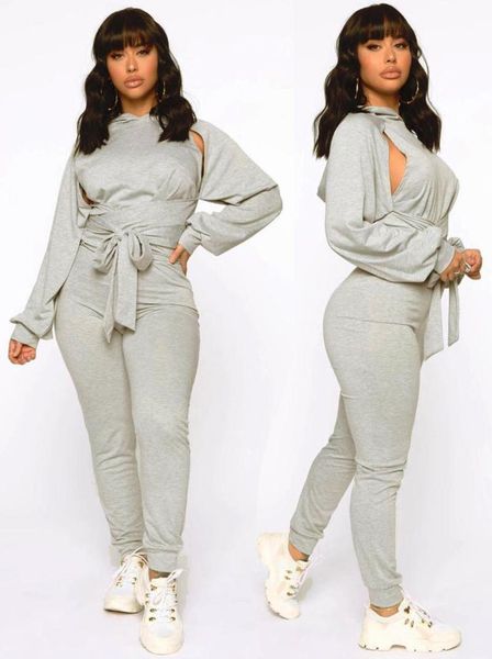 

two piece dress gray casual women suit hooded hollow out lace-up and pencil pants 2 set tracksuit outfit, White