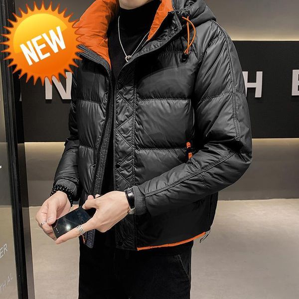 

2021 winter men's new fashion short thick warm overcoats male white duck down hooded coats men long sleeve slim jackets w831, Black
