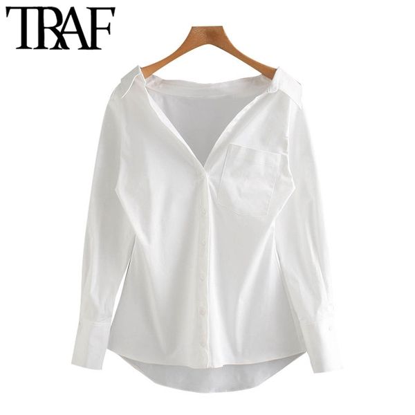 

traf women fashion with pockets asymmetric blouses vintage long sleeve button-up female shirts chic 210308, White