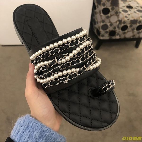 

slippers summer 2021 pearl chain flip-flops for women flat sandals rhinestone and stylish beaded flats, Black