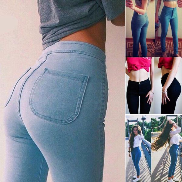 

women's jeans basic style pencil stretch denim skinny slim pants high waist black size s- xl trousers, Blue