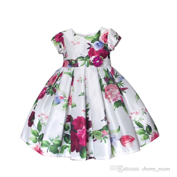 Verão Meninas Meninas Algodão Plissado Dress Children Flower Princesa Curta Manga Vestidos Miúdos Floral Impresso Ruffle Bowknot Ball Ball Ball Vestido Boutique Roupas S1373