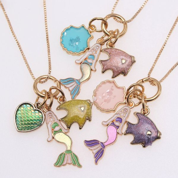 

mermail/shell/fish/heart pendant kids child chain necklaces baby jewelry girls charm necklace for party gifts, Red;brown