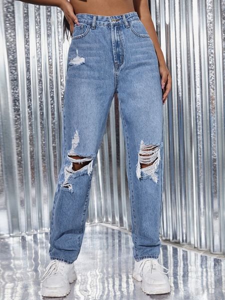 

light wash ripped detail straight leg jeans b6uy#, Blue
