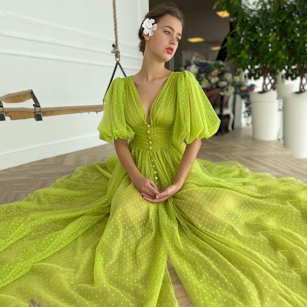 

new green evening 2021 tea-length v-neck short y sleeves dot net tulle prom party gowns saudi arabia celebrate wear bjh0, Black;red