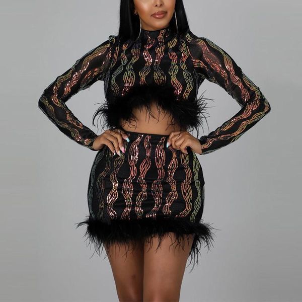 

work dresses autumn winter skirts sets sequined feather bodycon blouse & skirt mini length vintage evening night party club clothes, White;black