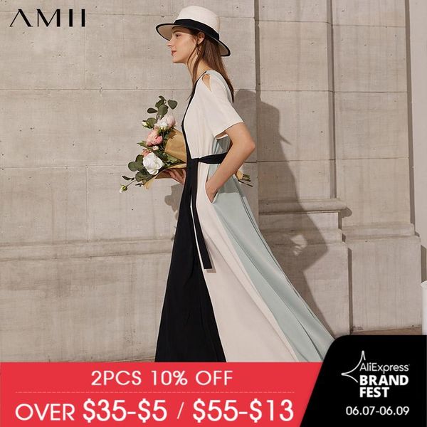 

casual dresses amii minimalism women's summer dress temperament patchwork vneck aline ankel-length causal for women 12180014, Black;gray