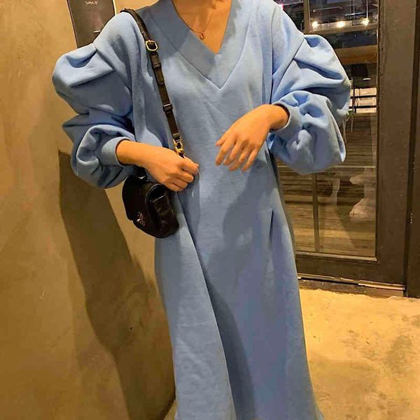 

casual dresses onalippa minimalist solid color split hoodies dress women korean chic lazy style v-neck orange white loose puff sleeve vestid, Black;gray
