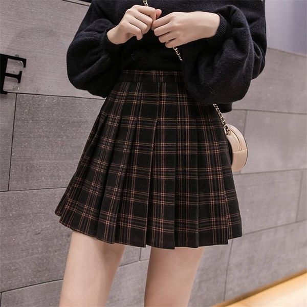 

pleated faux woollen skirt high-waisted a-line skirt for college students spring/autumn/winter new style tartan skirt 210311, Black