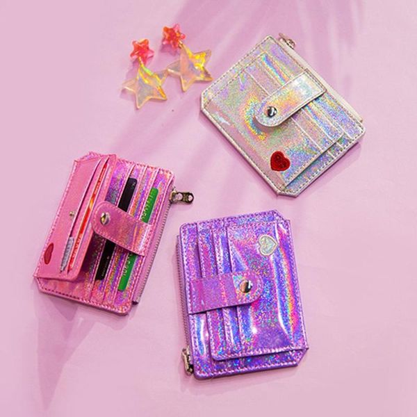 

card holders girls hasp fashion shining case laser heart id holder bag, Brown;gray