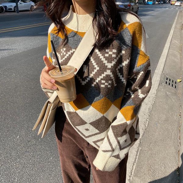 

women's sweaters sweaterautumn and winter korean retro hit color diamond lattice looseknit top, White;black