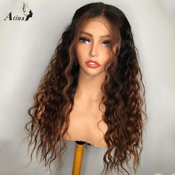 

atina ombre honey blonde colored curly hd transparent lace part human hair wigs preplucked bleach knot remy wig full closure 250, Black;brown