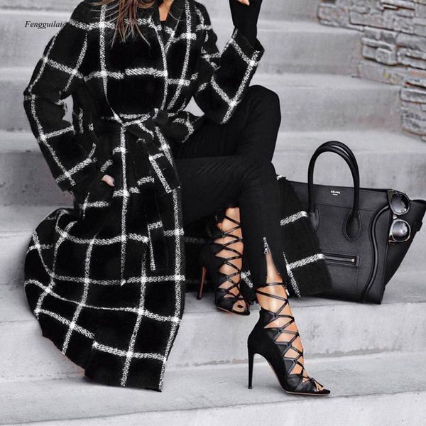 

women's wool & blends plaid coat women winter autumn trench jacket warm slim long overcoat outwear femme veste fashion manteau, Black