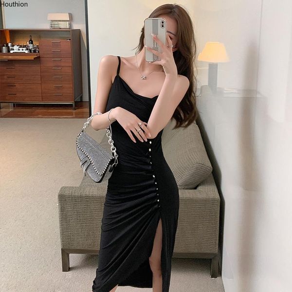 

casual dresses women's dress fashion sleeveless square neck strap fork summer solid color split korean large size, Black;gray