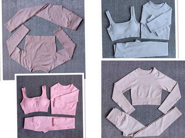 

2/3pcs sportswear workout clothes athletic wear yoga outfit shaping seamless high waist legging fitness sports bras long sleeve crop top, White;red