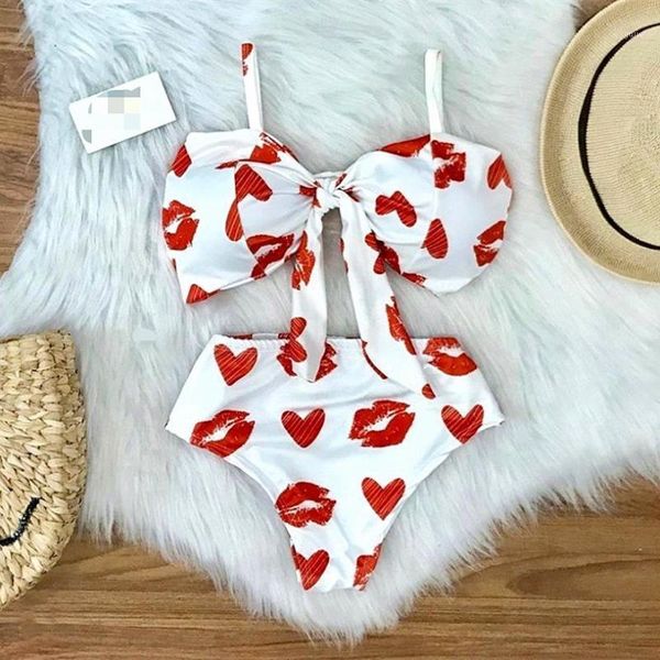 

summer style thickened high elastic bow bikini ladies split swimsuit love lips print waist vacation women's swimwear, White;black