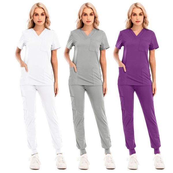 

women's two piece pants 2021 pant sets short sleeve v-neck solid color elastic waist with pocket working ladies comfy uniform set #g1, White