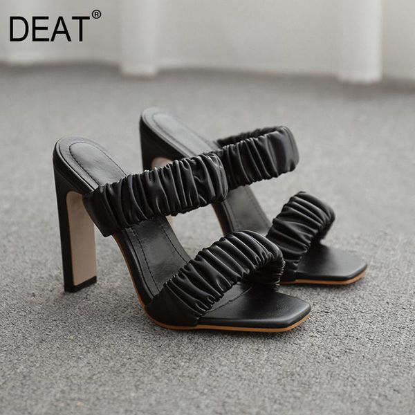

slippers [deat] 2021 spring summer pu leather square toe shallow pleated high heels women shoes fashion tide 10h093, Black