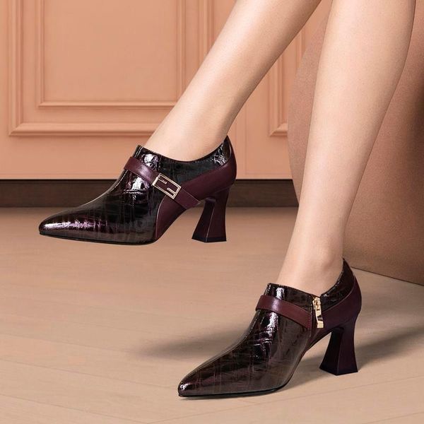 

dress shoes pointed toe natural genuine leather women heels thick heel fashion leisure high office work basic, Black