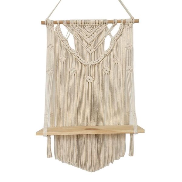 

macrame wall hanging shelf, single tier wood floating hanging shelf organizer hanger, handmade boho home wall decor