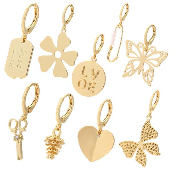 

hoop & huggie butterfly earrings for women fashion heart plant animals dangle charms korean 2021 ladies copper, Golden;silver