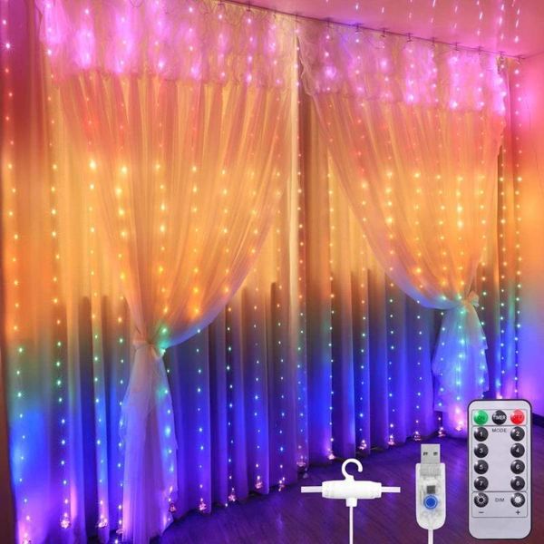 

rainbow led string lights 8 mode remote waterproof fairy curtain light for christmas party wedding window bedroom lamp with hook
