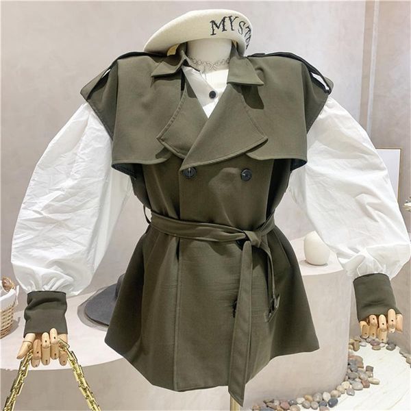 

women's vests clothing autumn 2021 two-piece casual suit mid-length coat shirt vest and temperament in windbreaker, Black;white