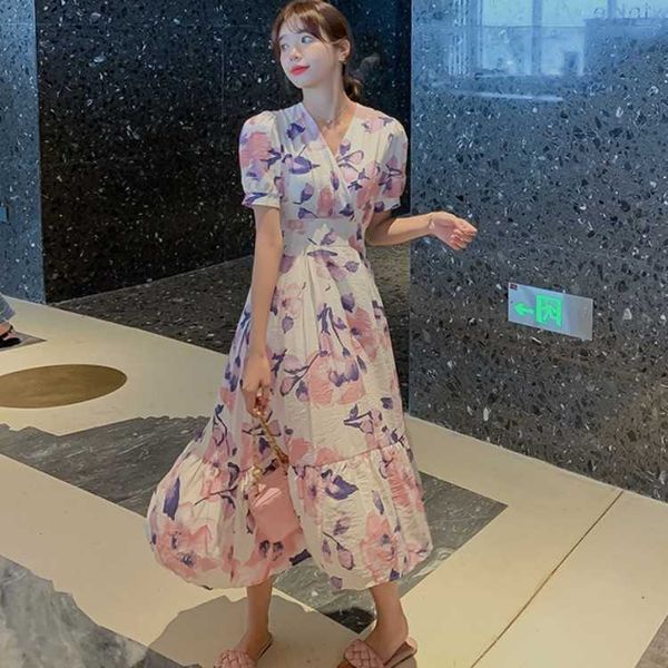 

women dresses summer v neck floral print short sleeve midi boho beach dress 210526, Black;gray