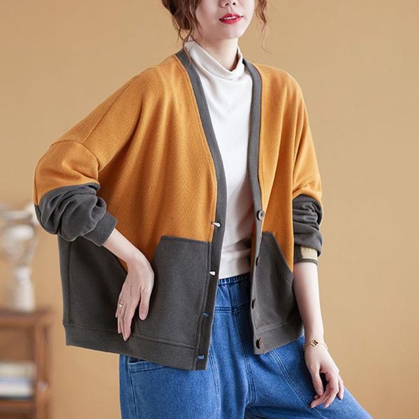 

women's jackets #9063 loose cotton coats for woman autumn vintage casual batwing sleeve ladies long v-neck femme retro, Black;brown